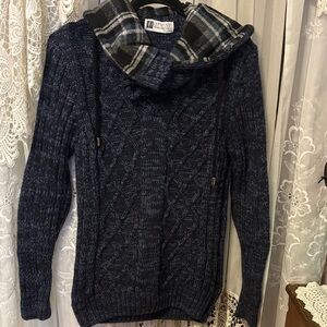 Leif Nelson Slim-fit Men's hooded sweater blue cable geometric-knit Sz XL